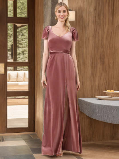 Princess A-Line V-Neck Floor-Length Velvet Bridesmaid Dress with Short Sleeves and Side Split
