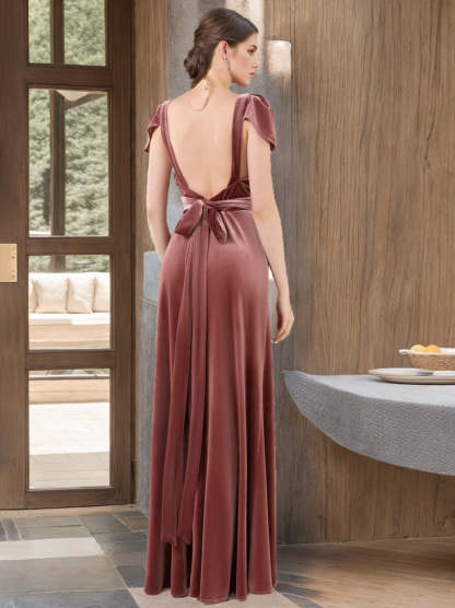 Princess A-Line V-Neck Floor-Length Velvet Bridesmaid Dress with Short Sleeves and Side Split