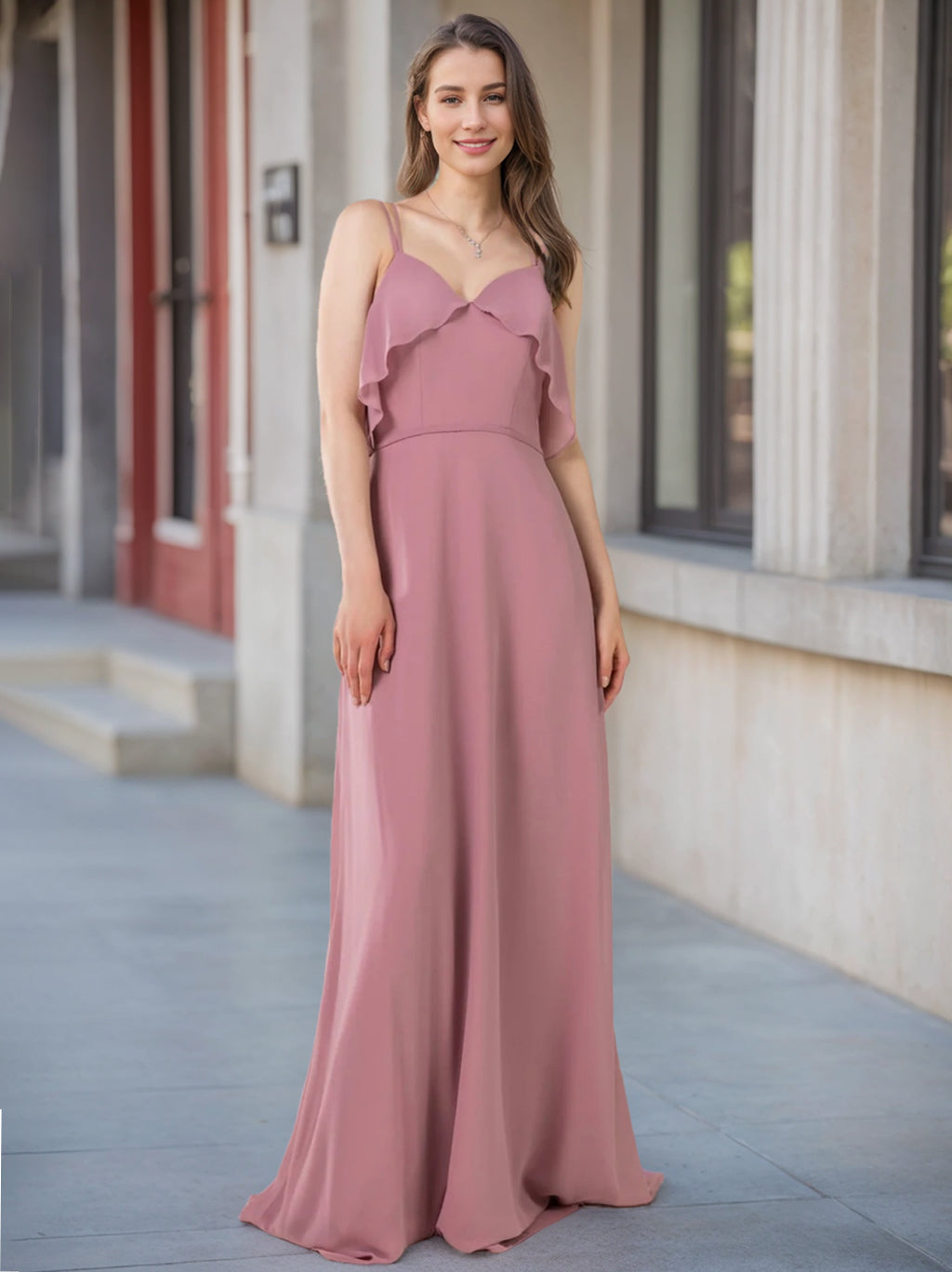 Unique V-Neck Princess A-Line Floor-Length Chiffon Bridesmaid Dress