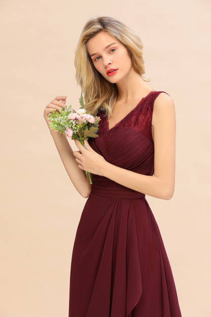 BMbridal Elegant Lace V-Neck Burgundy Chiffon Bridesmaid Dresses with Ruffle-BMbridal