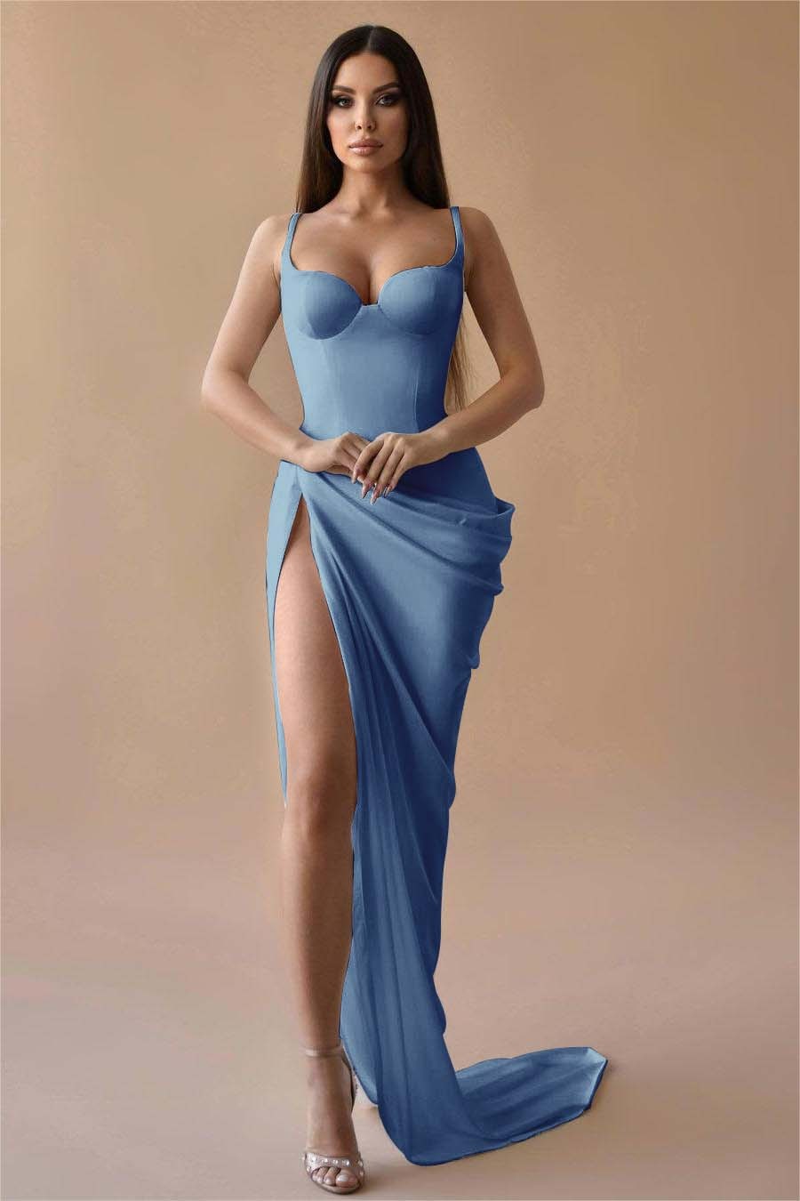 Simple White Spaghetti Strap Sleeveless Pleated Long Prom Dress With Split