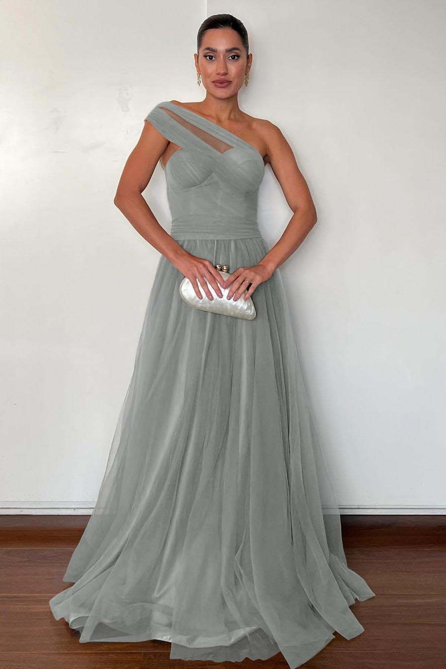 One Shoulder Sweetheart Sleeveless Long Prom Dress With Pleated