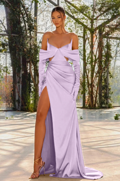 Off the Shoulder Prom Dress Red Half Sleeves With Slit Pleated Gloves