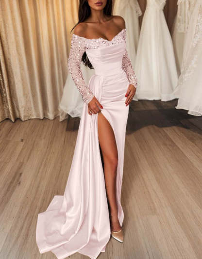 Off-the-Shoulder Floor-Length Prom Dress with Side Split and Sequins