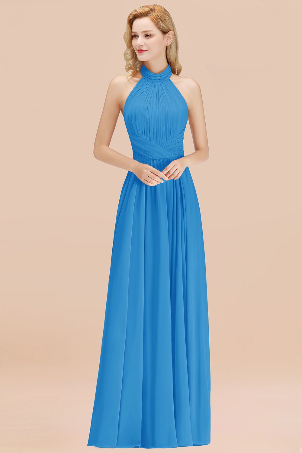 BMbridal Gorgeous High-Neck Halter Backless Bridesmaid Dress Dusty Rose Chiffon Maid of Honor Dress-BMbridal