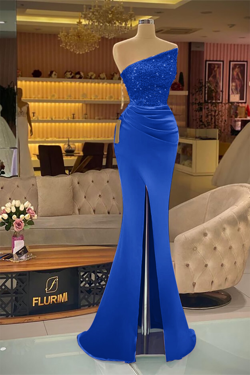 Sleeveless Strapless Mermaid Prom Dress Long Split With Sequins