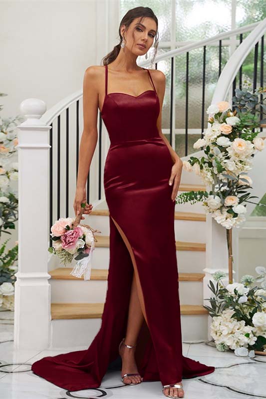 Spaghetti Strap Sleeveless Split Long Prom Dress With Pleated