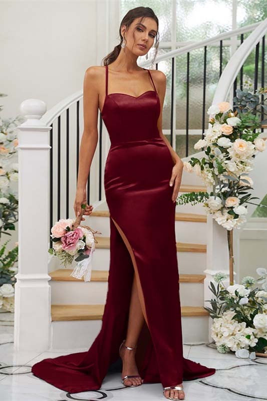 Spaghetti Strap Sleeveless Split Long Prom Dress With Pleated