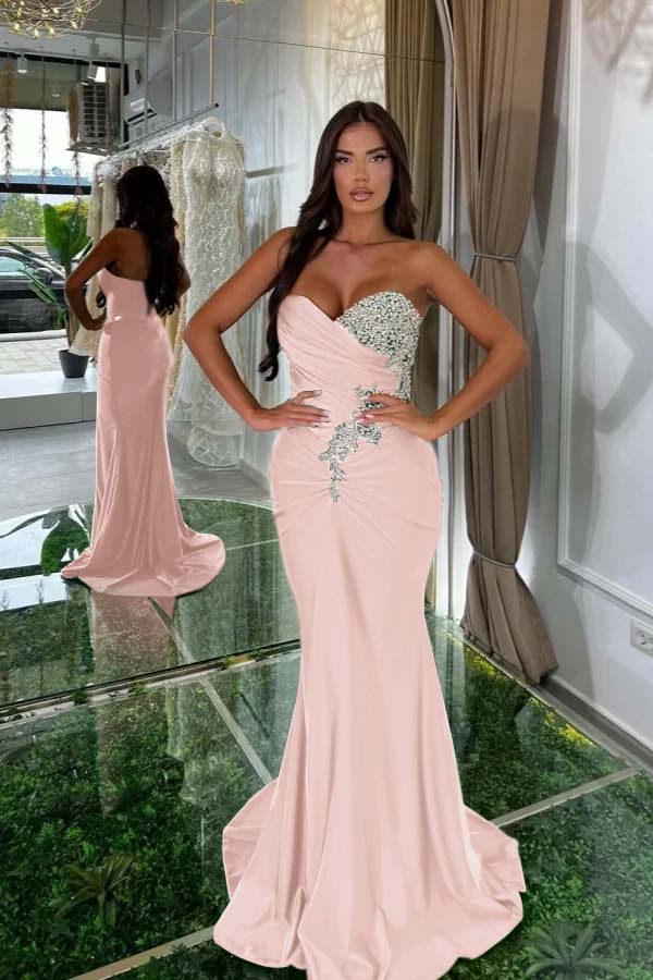 Strapless Sleeveless Long Mermaid Prom Dress With Pleated Beading