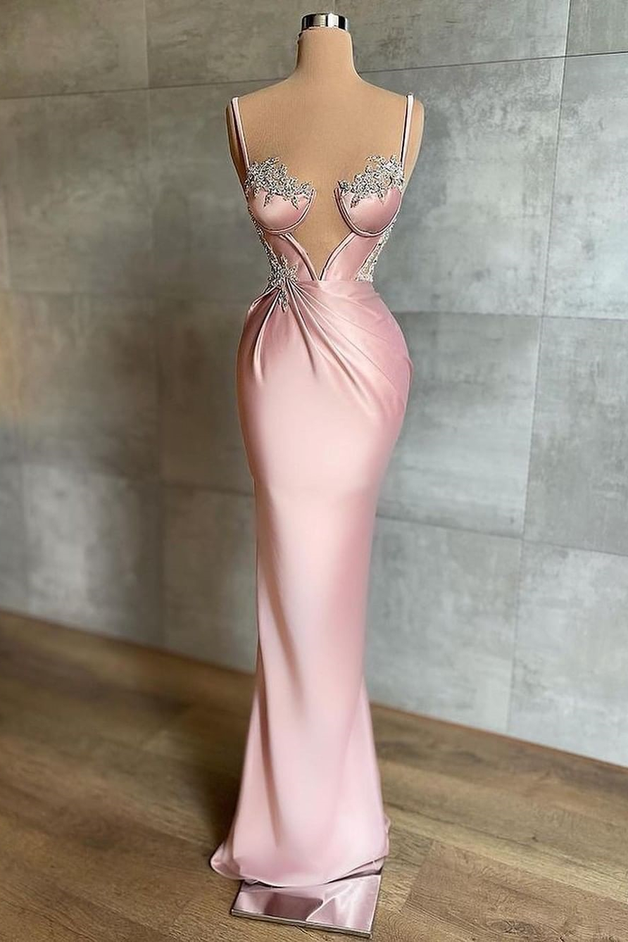Pink Spaghetti Strap Mermaid Prom Dress Sleeveless With Appliques