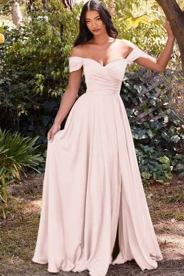 Off the Shoulder Sleeveless Long Prom Dress With Split Pleated