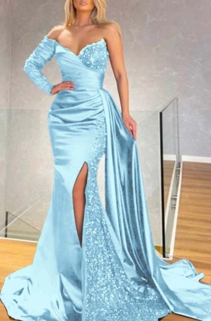 Long Sleeve Strapless Long Split Prom Dress With Pleated Sequins