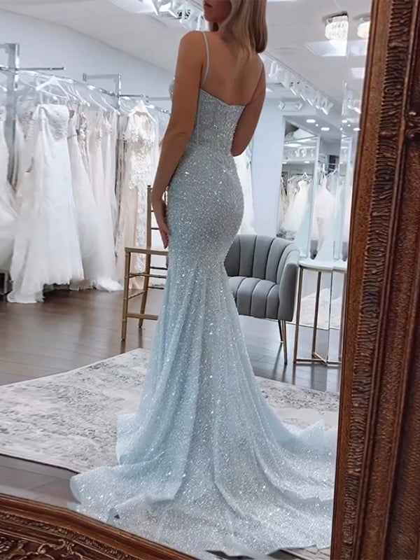 Light Blue Mermaid Spaghetti Straps Long Prom Dress with Beading