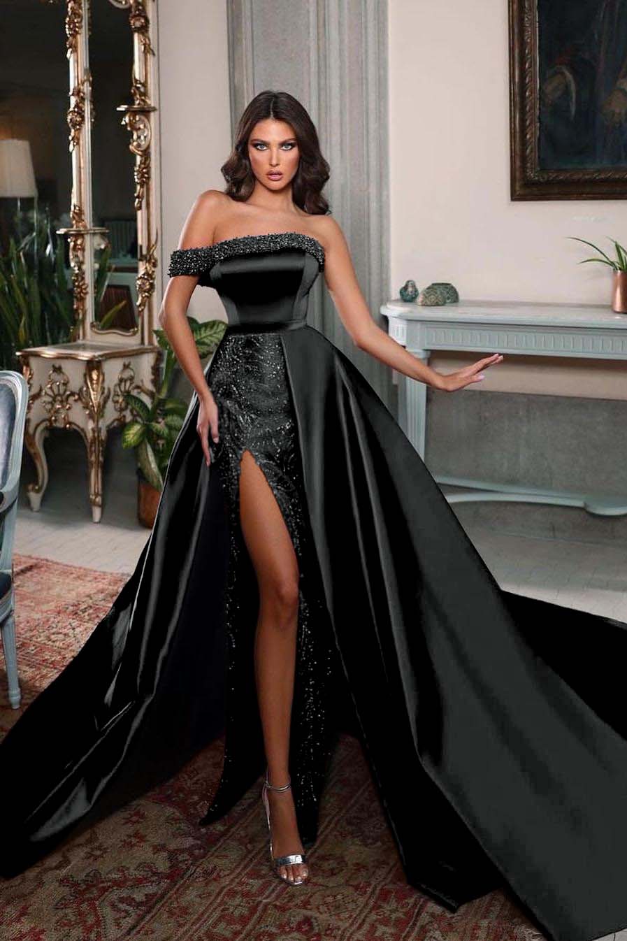 One Shoulder Sleeveless Long Split Prom Dress With Pleated Beading