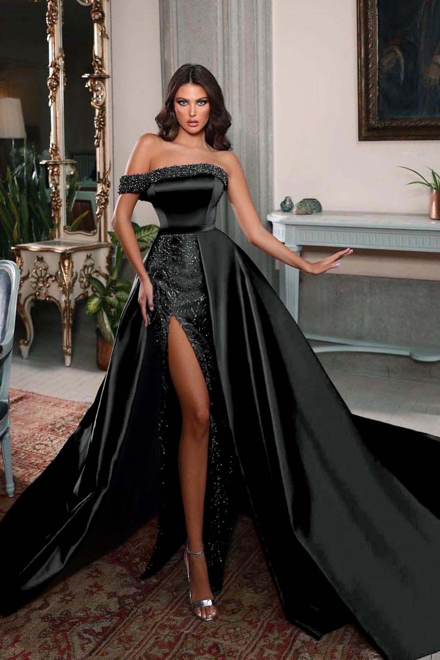 One Shoulder Sleeveless Long Split Prom Dress With Pleated Beading