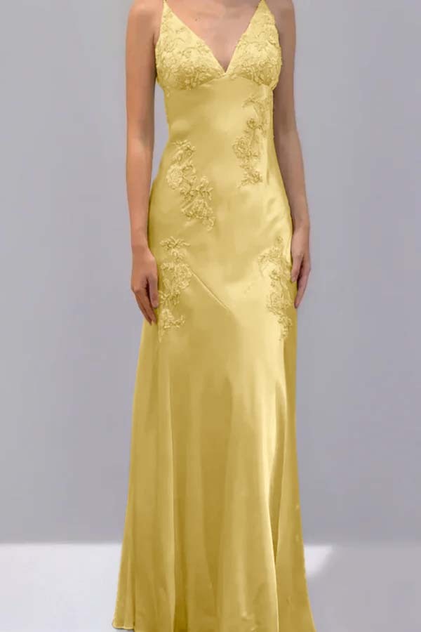 Spaghetti Strap V Neck Sleeveless Long Prom Dress With Appliques