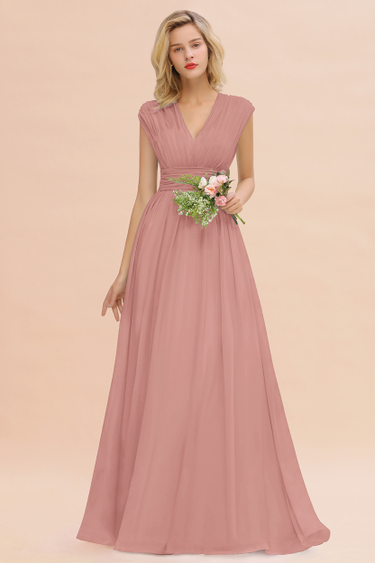 BMbridal Elegant Chiffon V-Neck Ruffle Long Bridesmaid Dresses Affordable-BMbridal