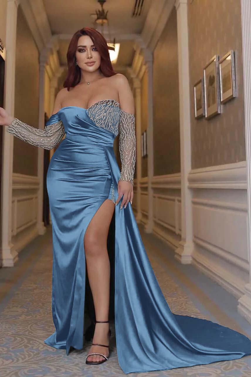 Sexy Emerald Green Off the Shoulder Long Sleeves Mermaid Prom Dress With Beading Split