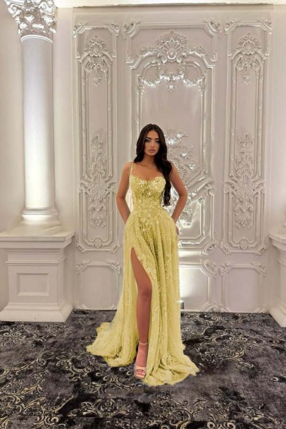 Straps Sleeveless Long Split Prom Dress With Pleated Appliques