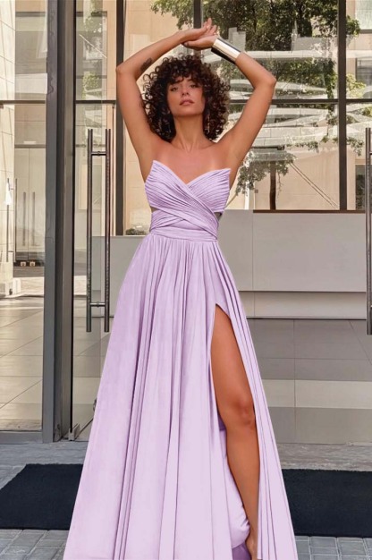 Strapless Sleeveless Long High Split Prom Dress With Pleated