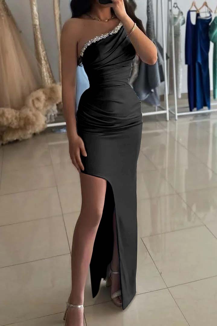 One Shoulder Sleeveless Split Long Prom Dress With Beading Pleated