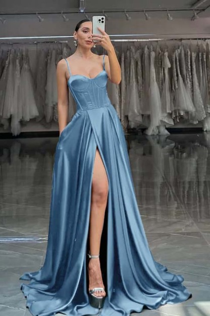Spaghetti Strap Sleeveless Long Split Prom Dress With Pleated