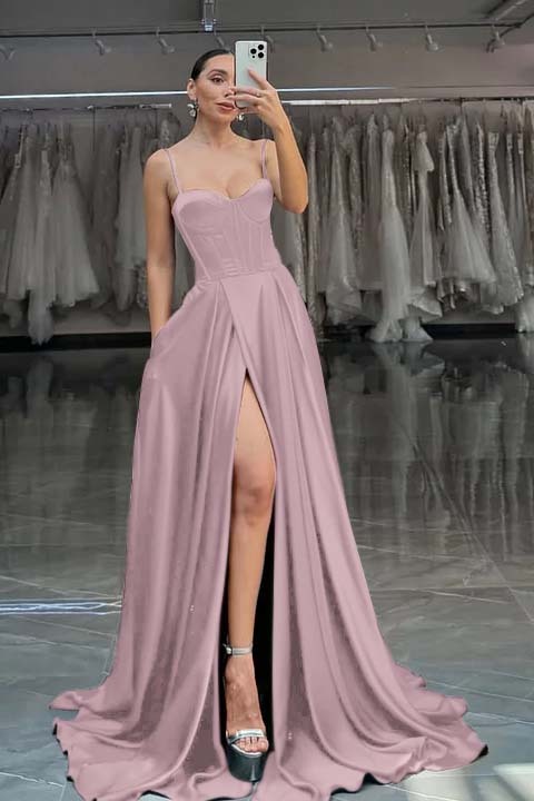 Spaghetti Strap Sleeveless Long Split Prom Dress With Pleated