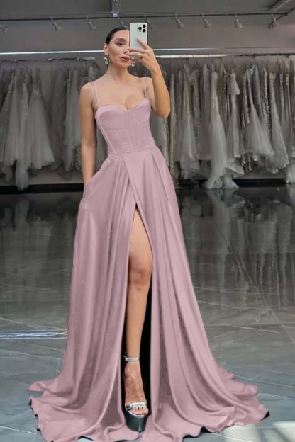 Spaghetti Strap Sleeveless Long Split Prom Dress With Pleated