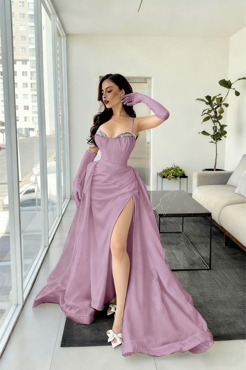 Spaghetti Strap Sleeveless Long Mermaid Prom Dress With Split Gloves