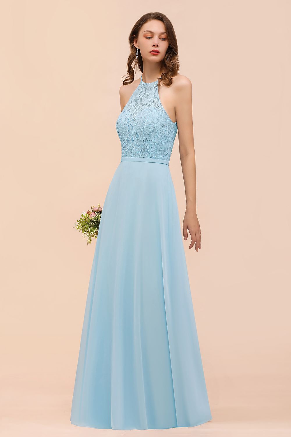 BMbridal Chic Halter Sleeveless Affordable Sky Blue Bridesmaid Dress with Lace-BMbridal