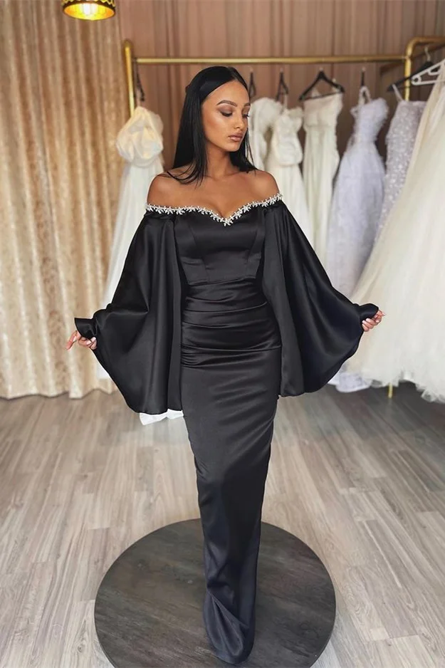 Off the Shoulder Long Sleeves Pleated Long Prom Dress With Beading