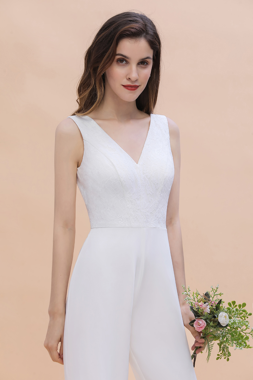 BMbridal Stylish V-neck Sleeveless White Lace Bridesmaid Jumpsuit Online-BMbridal