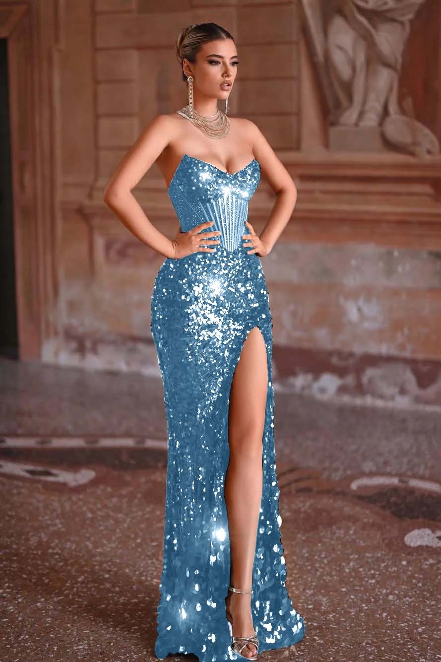 Strapless Sleeveless Long Mermaid Prom Dress With Split Sequins