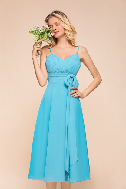 BMbridal Affordable Spaghetti Straps Blue Chiffon Bridesmaid Dress with Ruffle-BMbridal