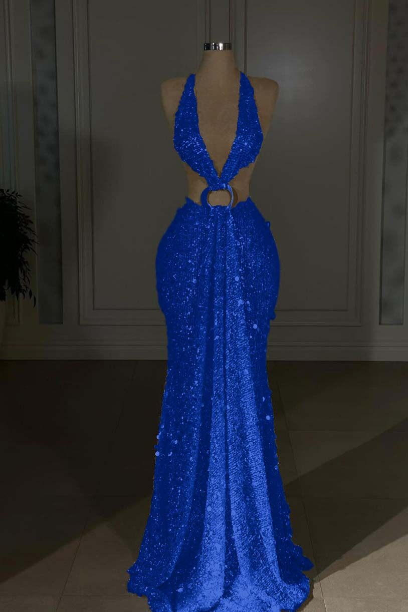 Halter Sleeveless Backless Long Mermaid Prom Dress With Sequins