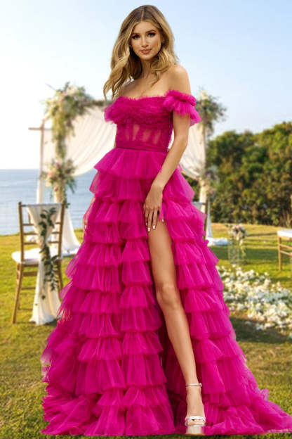 Princess A-Line Long Prom Dress with Off-the-Shoulder Neckline Side Split & Ruffles