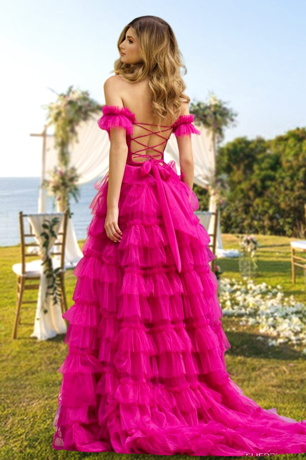 Princess A-Line Long Prom Dress with Off-the-Shoulder Neckline Side Split & Ruffles