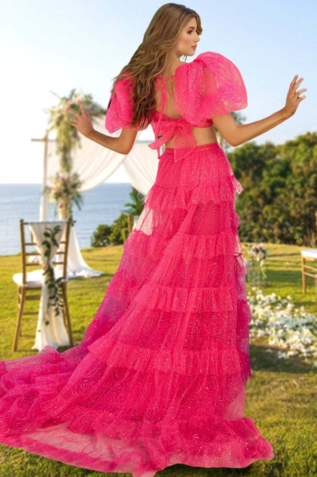 Long Prom Gown with Sequins & Side Split - A-Line/Princess Tulle Two-Piece Evening Dress