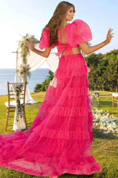 Long Prom Gown with Sequins & Side Split - A-Line/Princess Tulle Two-Piece Evening Dress