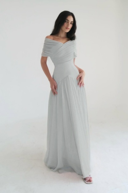 Chiffon Off the Shoulder Sleeveless Long Prom Dress With Pleated