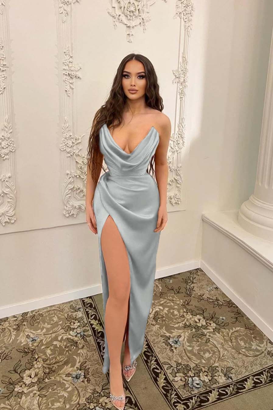Sleeveless Strapless Long Mermaid Split Prom Dress With Pleated