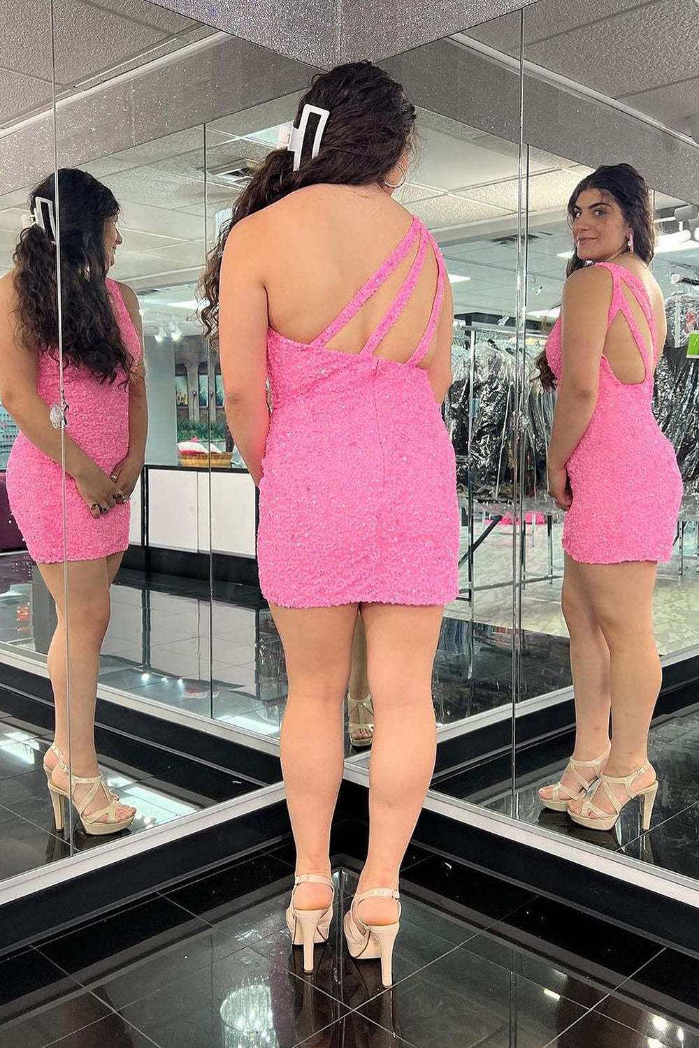 Fuchsia Sequins One Shoulder Homecoming Dress