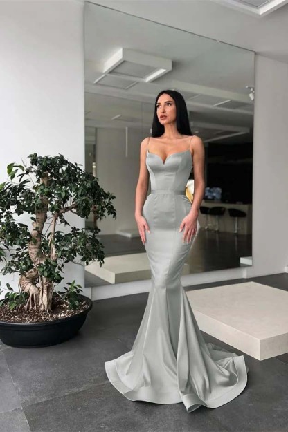 Charming Sage Spaghetti Strap Sleeveless Long Mermaid Prom Dress With Belt