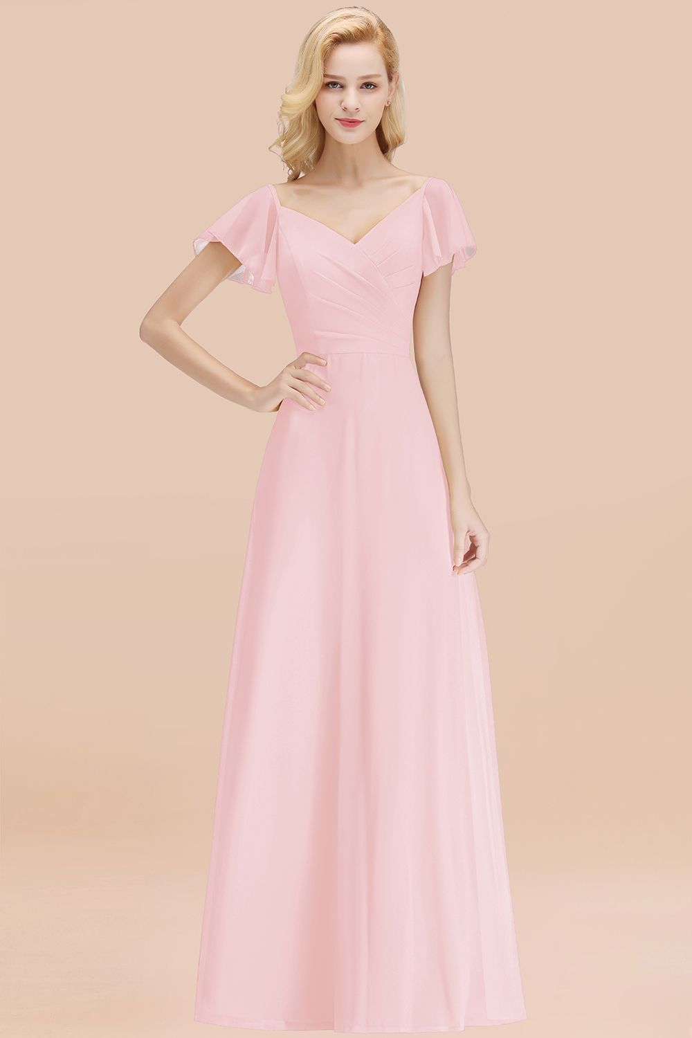 BMbridal Elegent Short-Sleeve Long Bridesmaid Dress Online Yellow Chiffon Wedding Party Dress-BMbridal