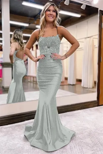 Bmbridal Emerald Green Prom Dress Spaghetti-Straps Mermaid Sleeveless