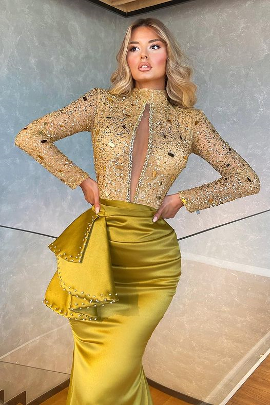 High Collar Long Sleeves Mermaid Pleated Sequins Prom Dress With Beadings