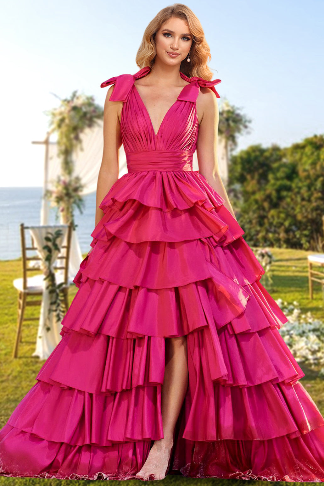 V-Neck A-Line Princess Evening Gown with Side Split and Ruffles