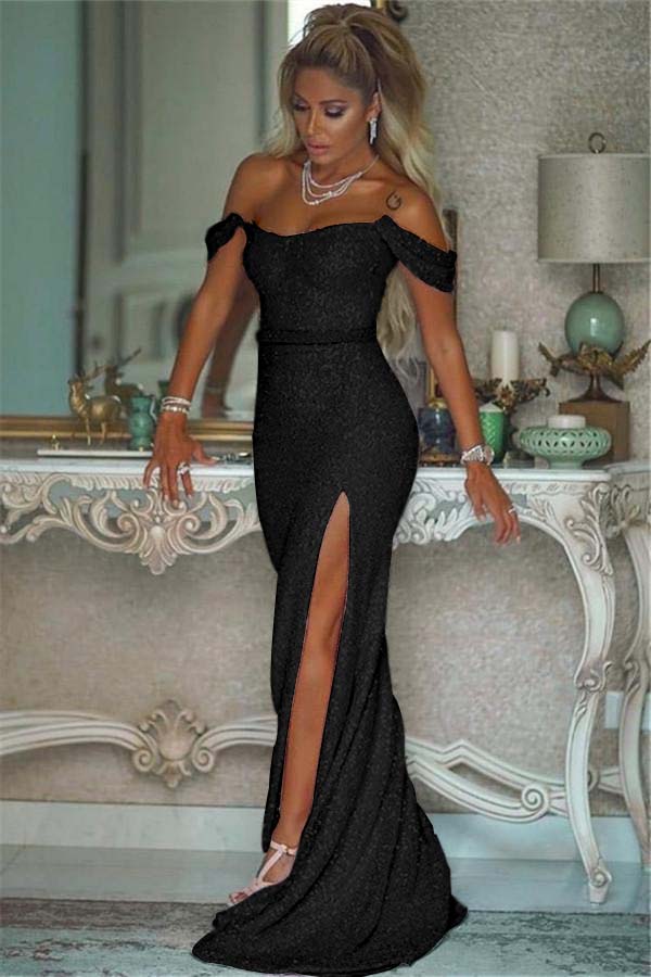 Pink Sequins Off the Shoulder Mermaid Elegant Prom Dresses With Split