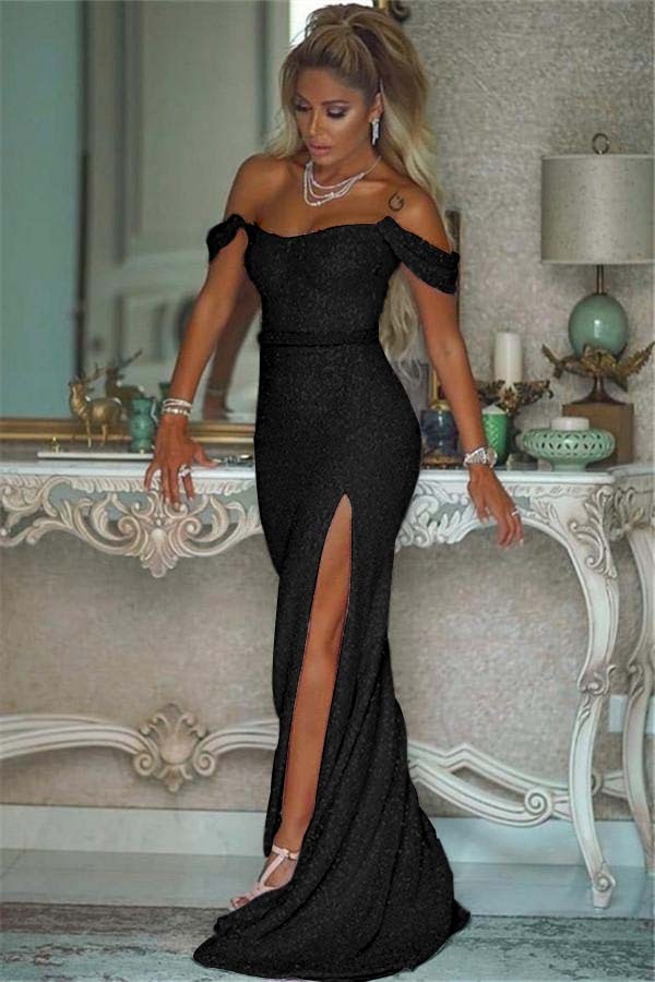 Pink Sequins Off the Shoulder Mermaid Elegant Prom Dresses With Split