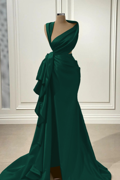 Elegant Red Charmeuse Sleeveless Long Prom Dress With High Slit